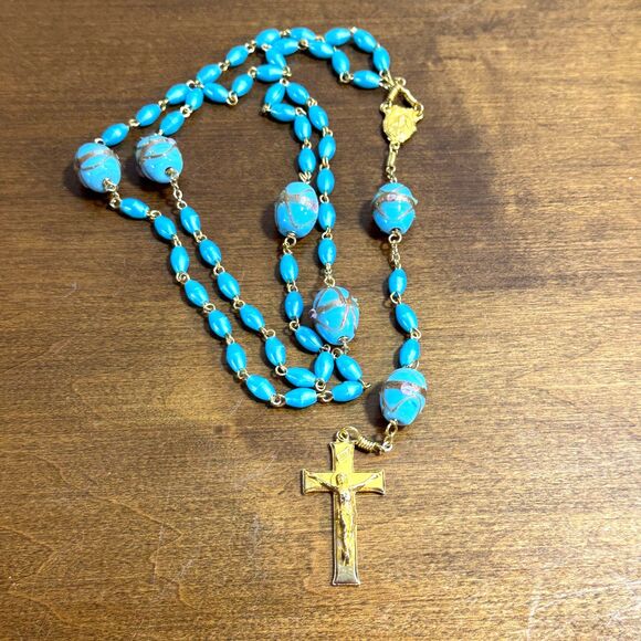 Vintage Czech Blue Gold Filigree Rosary 25.75" Long Blessed Religious Catholic - Picture 1 of 5